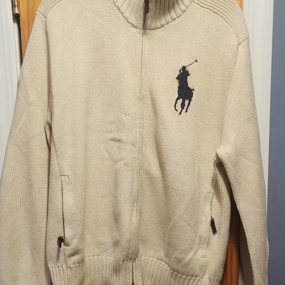 Polo Ralph Lauren Big Pony zip up knitted sweater with pockets Cream and Navy XL